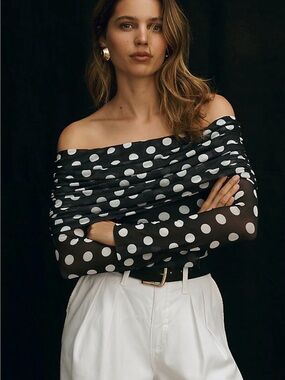 Anthropologie AFRM Maxine Polka Dot Off Shoulder Mesh Bodysuit NWOT S
